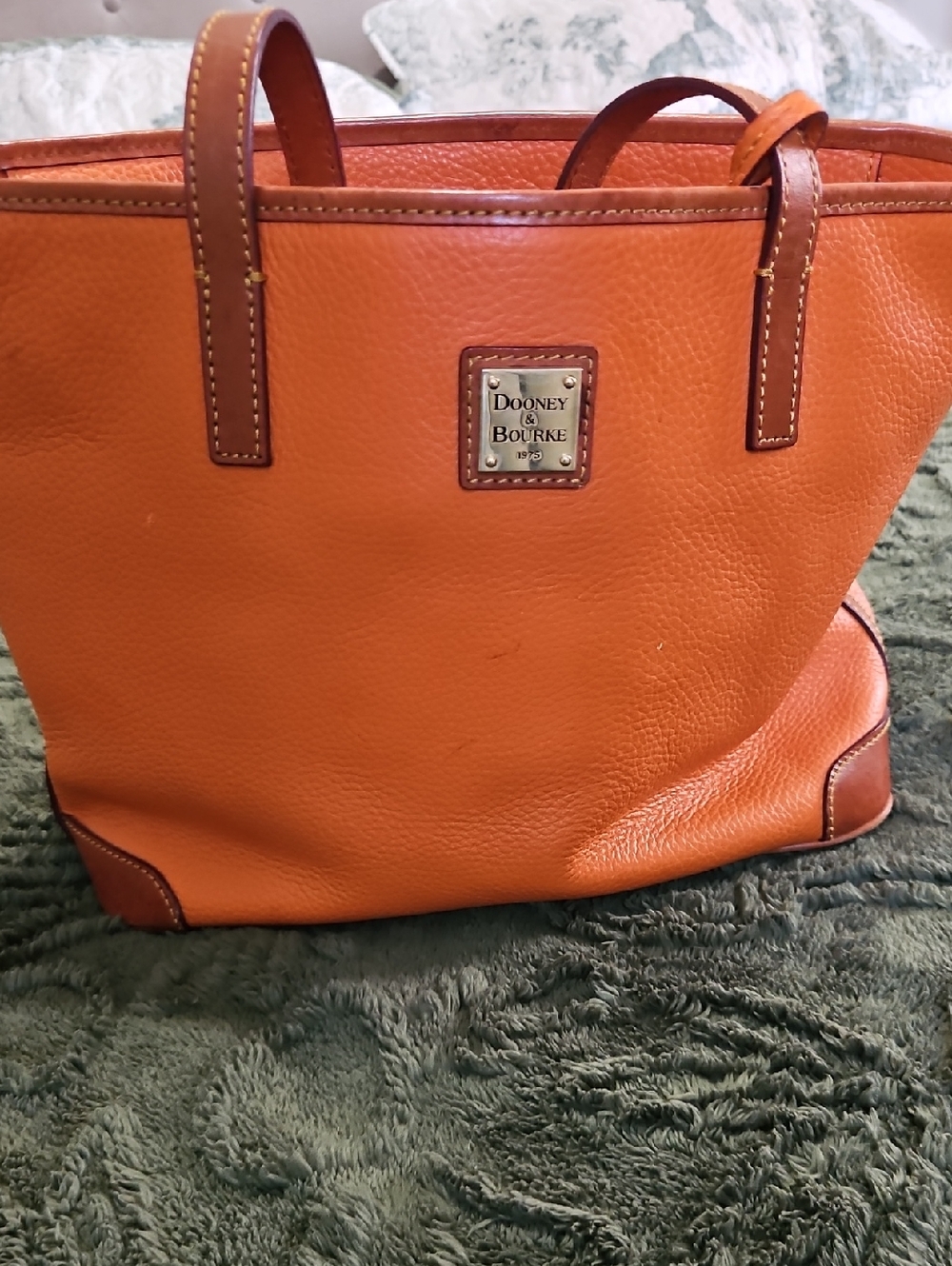 Dooney & Bourke Orange Pebbled Leather Tote with Brown Trim